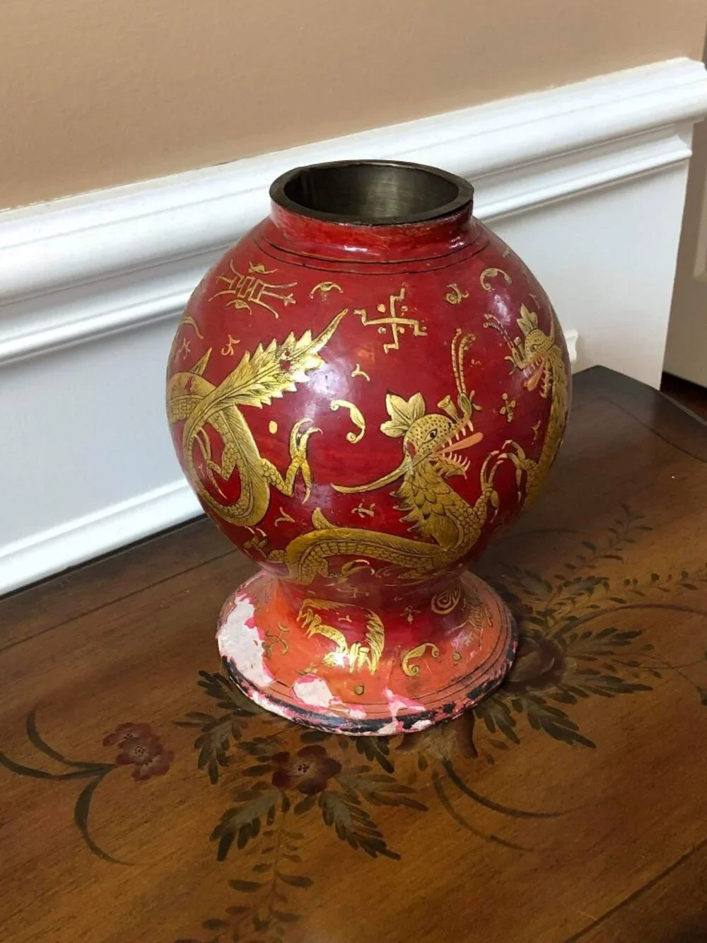 Antique Asian Sadek Sons paper mache red gold dragon vase - as is
